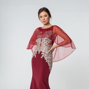 NEW FLOOR LENGTH SHEATH DRESS WITH CAPE EMBROIDERED WITH RHINESTONES GL1595